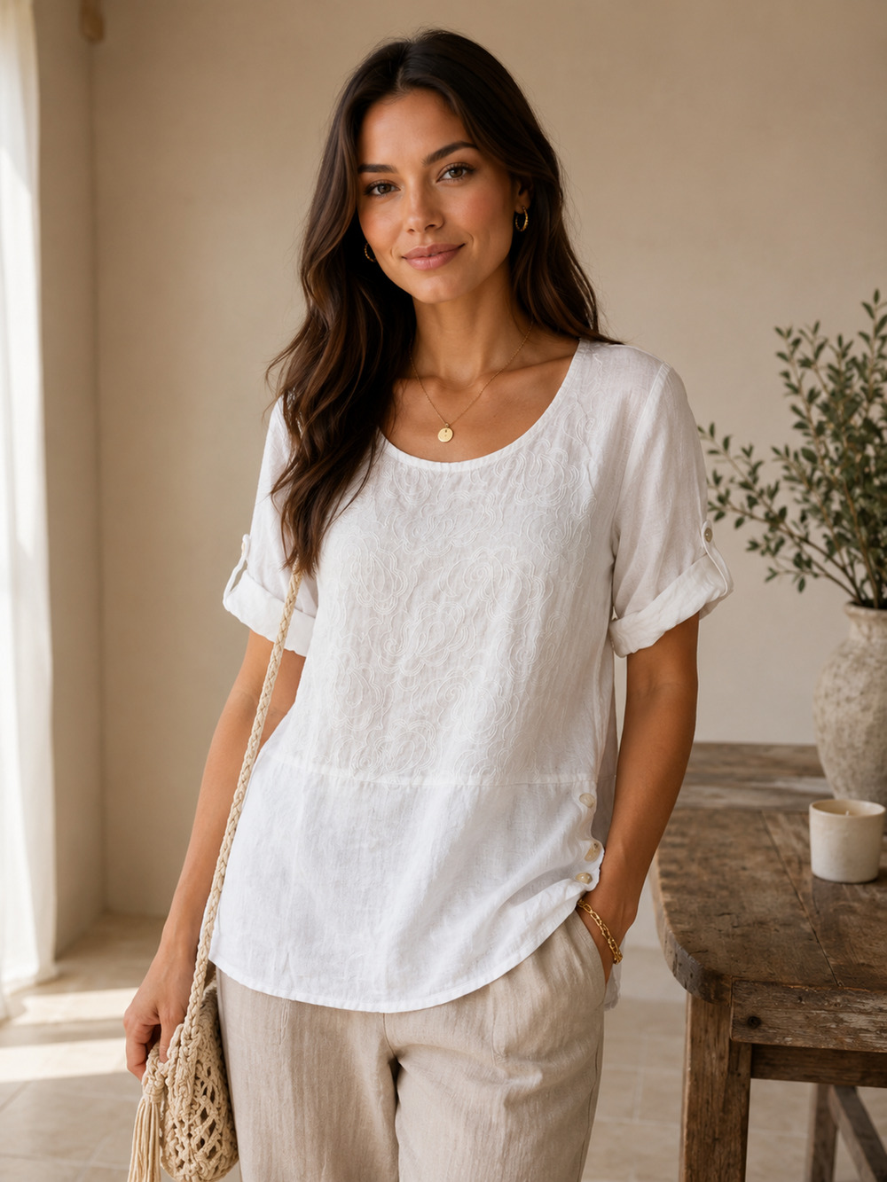 Lungo L'Arno Women Tunic Blouse Shirt L Top 100% Linen White Embroidered Italy